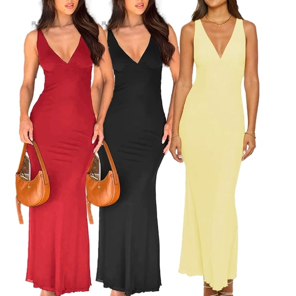 LYMAYTER Female Deep V-Neck Dresses Summer Comfort Dress Fashion Solid Color Slip Dresses for Women