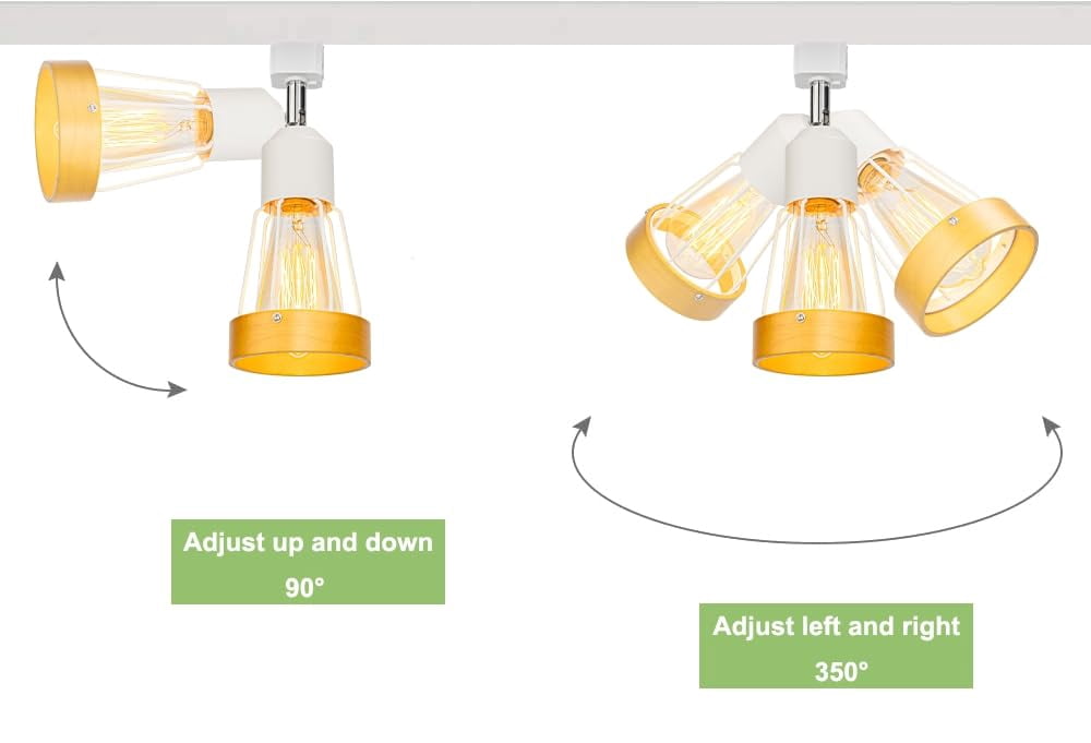 KAYYELAMP 3 Pcs Adjustable Angle J-Type Retro Style Track Head Lighting E26 Base Wood Metal White Track Ceiling Lamp Dimmable Fixture For Kitchen Aisle Home Office