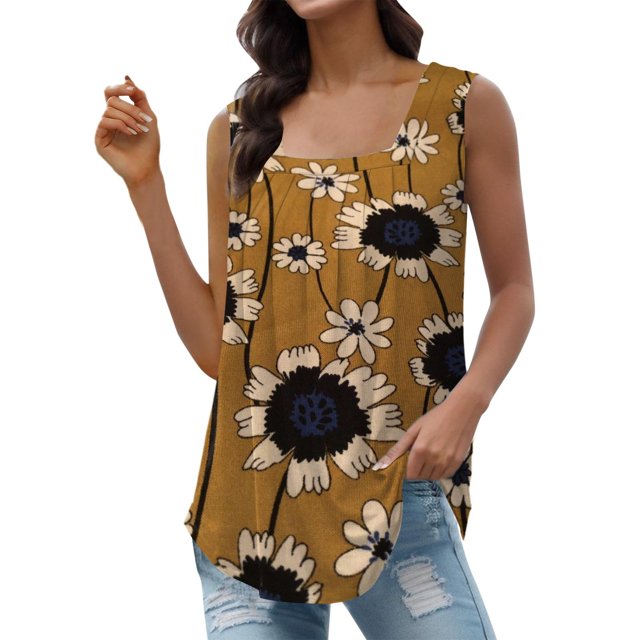 Gibobby Camiseta sin mangas con cuello cuadrado para mujer, informal, sin mangas, con dobladillo curvo plisado(Amarillo,G)