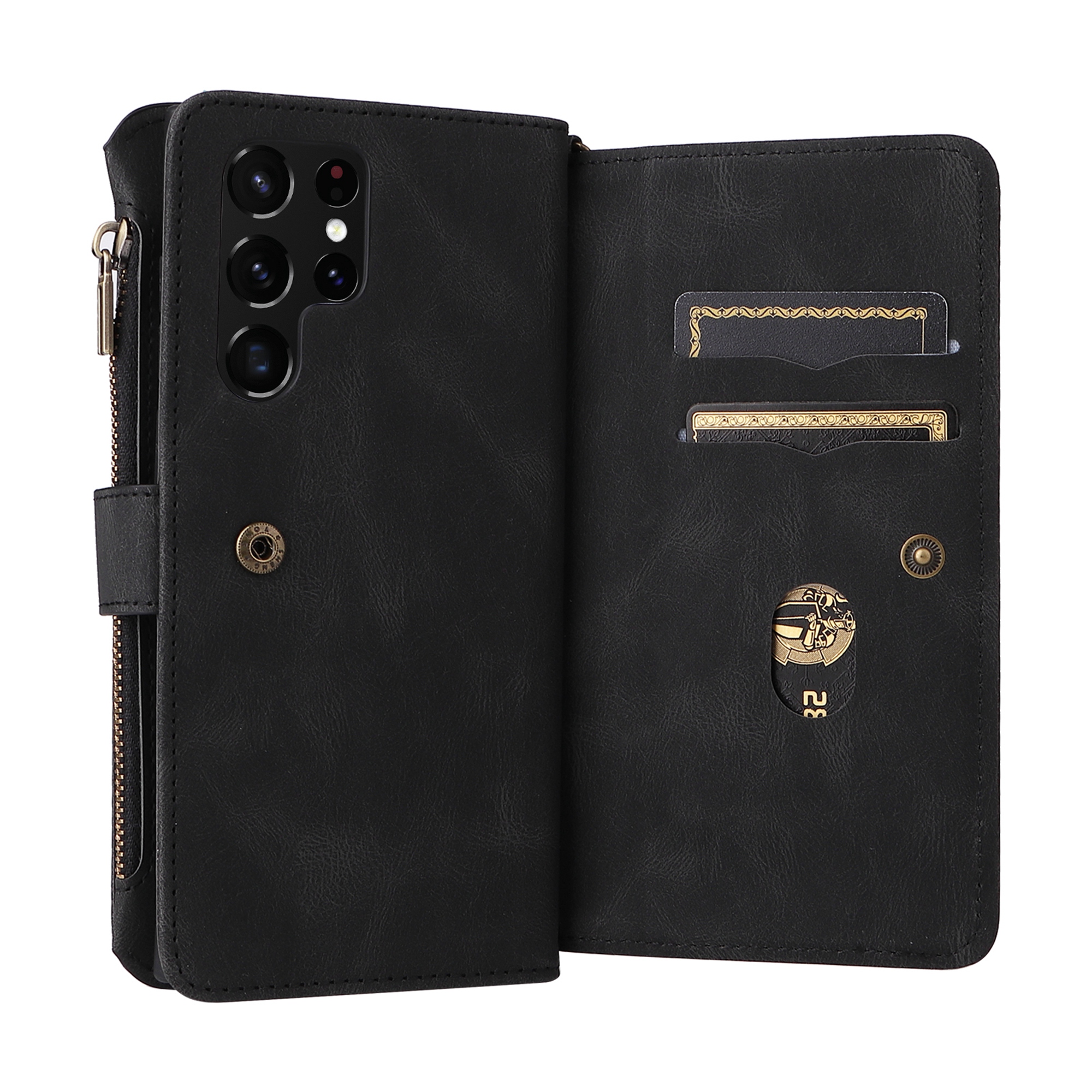 Phone Case for Samsung Galaxy S24 Ultra, S24 Ultra Wallet Case, Luxury Folio Flip Leather Cover [Zipper Pocket] [Wrist Strap] [Kickstand] for Samsung Galaxy S24 Ultra, Black