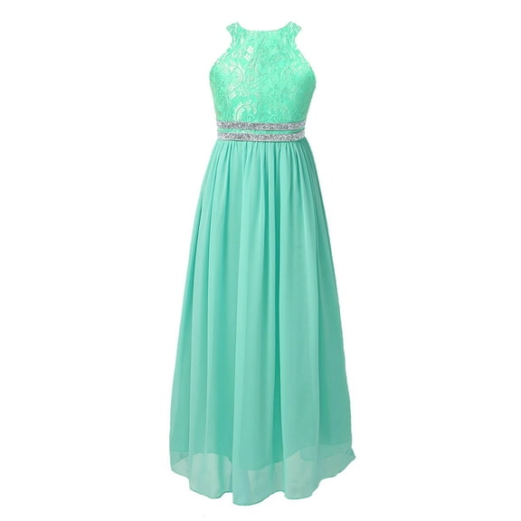 Aislor Kids Lace Flower Girls Dress Sequins Halter Chiffon Dress Long Maxi Junior Bridesmaid
