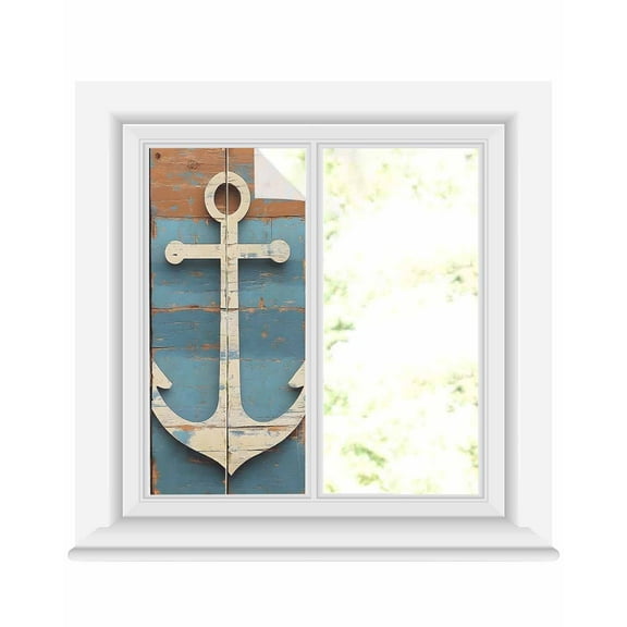 Window Privacy Film Vintage Beige Anchor Stained Glass Window Film Decorative Sun Block Window Cover Modern Nautical Coastal Wooden Window Clings Static Adhesive Sticker for Bathroom 17.7"x39.3"
