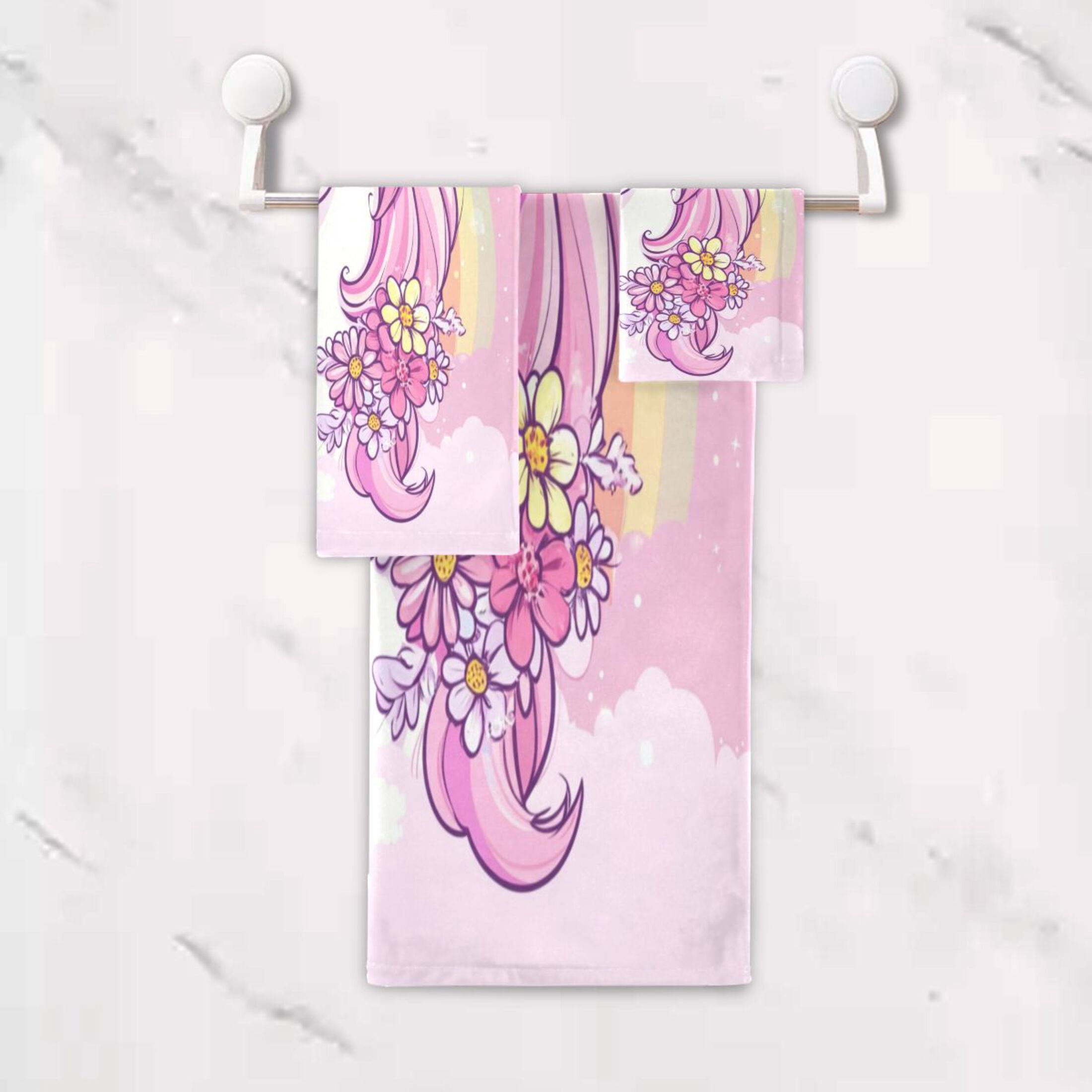 WOBOGO Rainbow Pony Ultra Soft 3 Pack Cotton Towel Set Includes 60 x 30in Bath Towel 28 x 16in Face Towel and 13 x 13in Small Square Towel for Everyday Use Lightweight and Compact