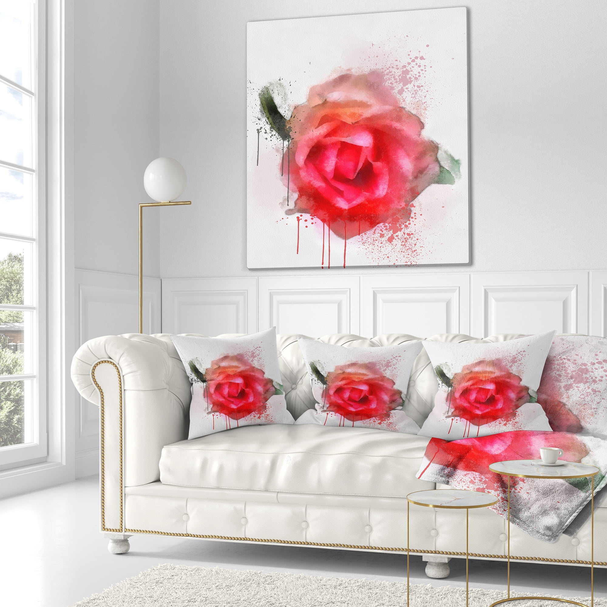 Designart Beautiful Red Rose Watercolor - Floral Throw Pillow - 16x16