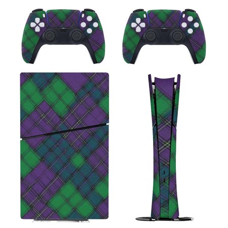 Green And Purple Plaid Console Skin Bundle for PS5 Pro Slim Disc & Digital / PS4 - Full Wrap + Dual Controller Flair