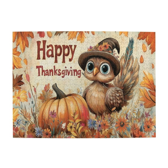 500 PCS 500 Piece Puzzle For Adults Pumpkin And Cute Turkey Happy Thanksgiving Slogan,Create A Festive Atmosphere,Ideal For Relaxation And Family Fun,Wooden Jigsaw Puzzles,Holiday Gifts