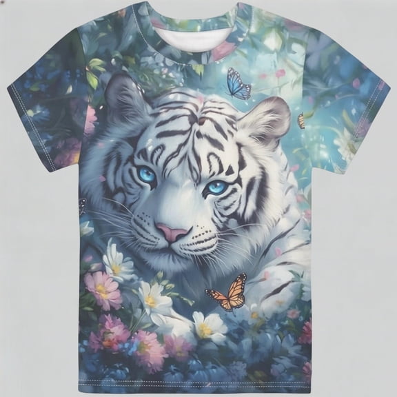 Trendfront Toddler Girls Wild T-Shirt Realistic 3D Tiger Animal All Over Pattern Print Summer Crewneck Short Sleeve Tee Relaxed Fit Casual Tops