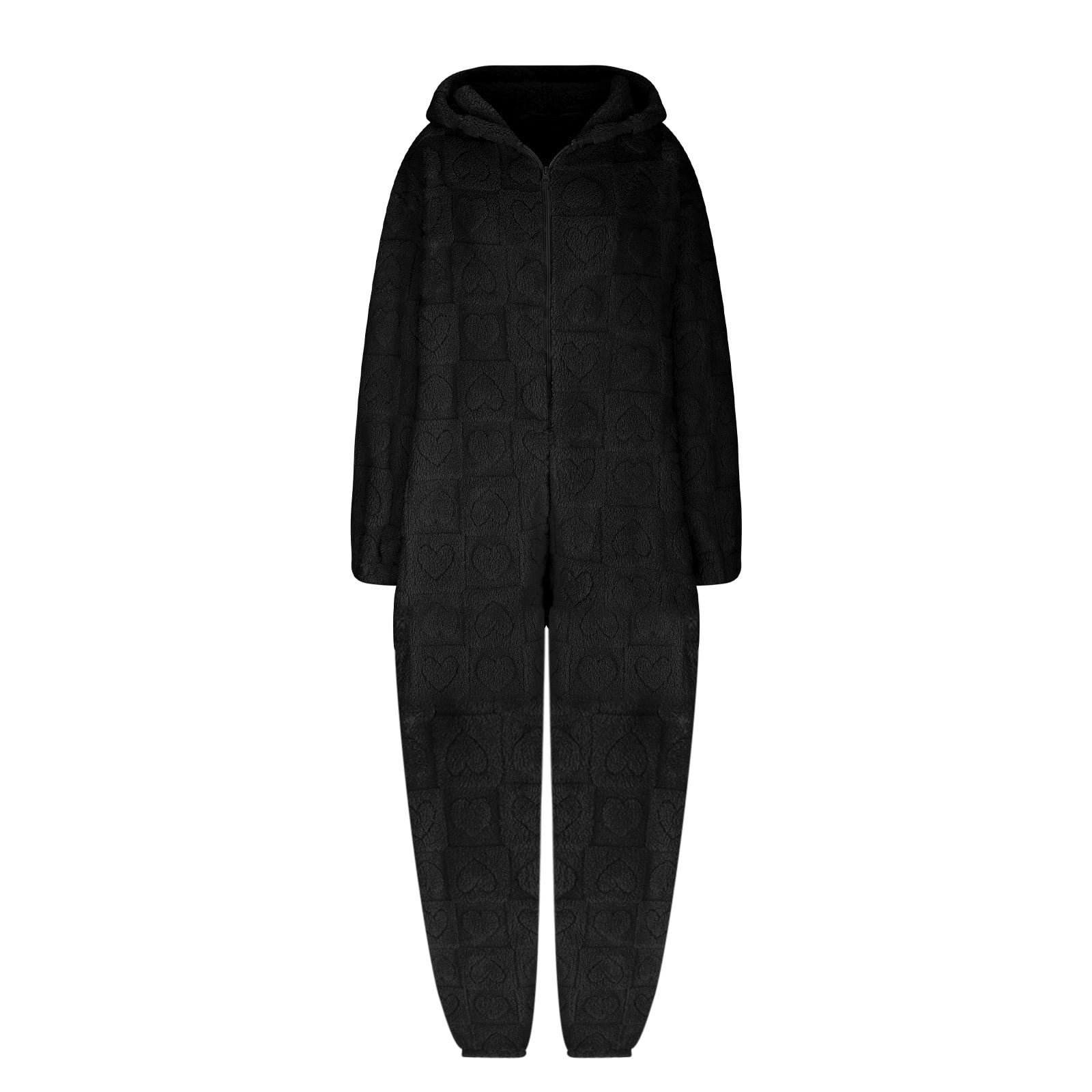 BiZtdJrK Women's Furry Sherpa Onesie Pajamas Fashion Heart Jacquard Jumpsuits Cute Ear Hood Romper Lounge Sleepwear, Black, M