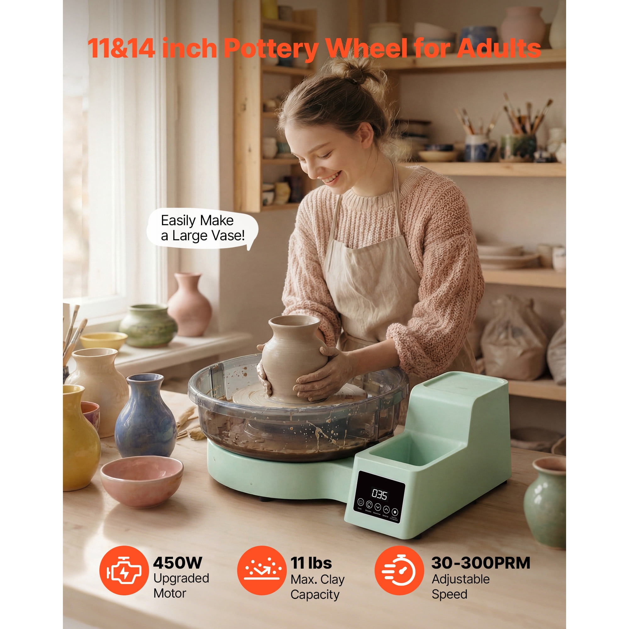 KFFKFF Electric Pottery Wheel for Adults, 14" and 11" Turntables, 450W Tabletop Ceramic Wheel with Foot Pedal, Adjustable Speed 30-300 RPM, Removable Basin, Ideal for Beginners and DIY Clay Projects