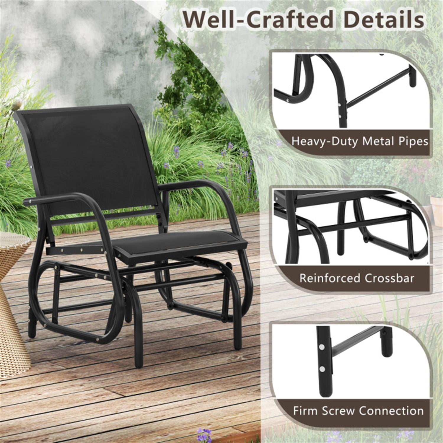 Demi Bonn Outdoor Single Swing Glider Rocking Chair with Armrest, Outdoor Glider Chairs for Porch, Balcony, Poolside, Black