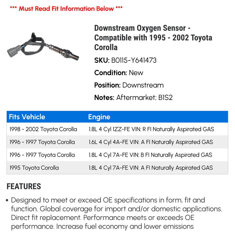 Downstream Oxygen Sensor - Compatible with 1995 - 2002