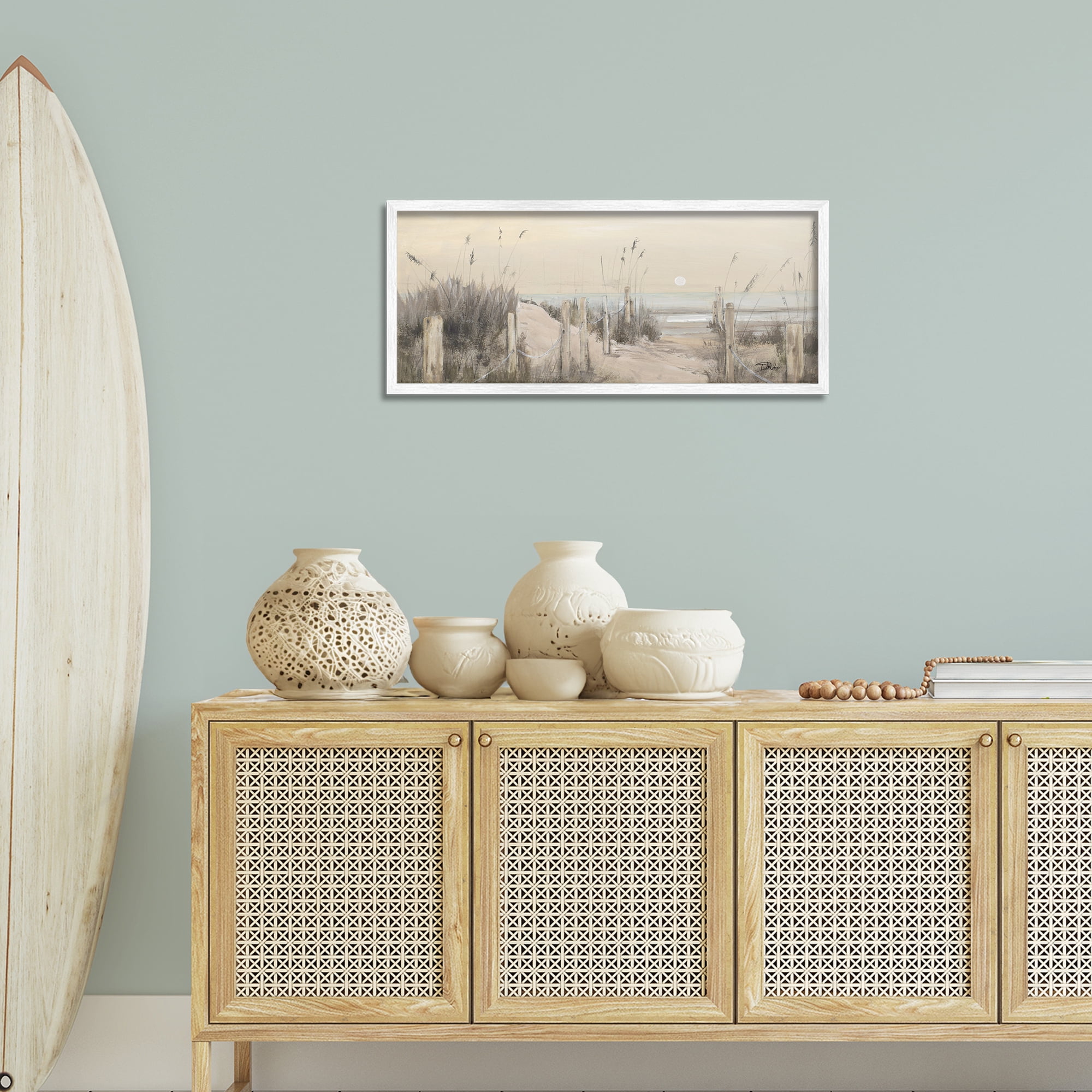 Stupell Industries White Moon Over Ocean Landscape Painting White Framed Art Print Wall Art, 30 x 13