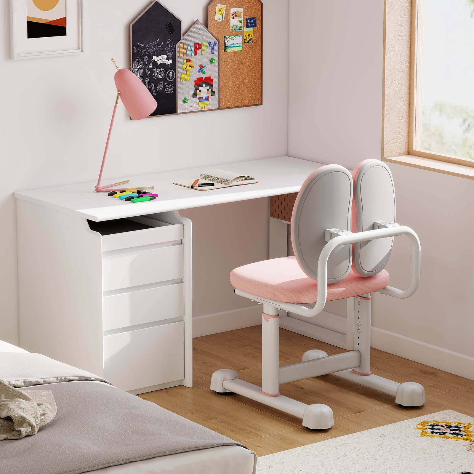 Costway Kids Desk Chair with Double Back Support Adjustable Height Upholstered Computer Chair Pink