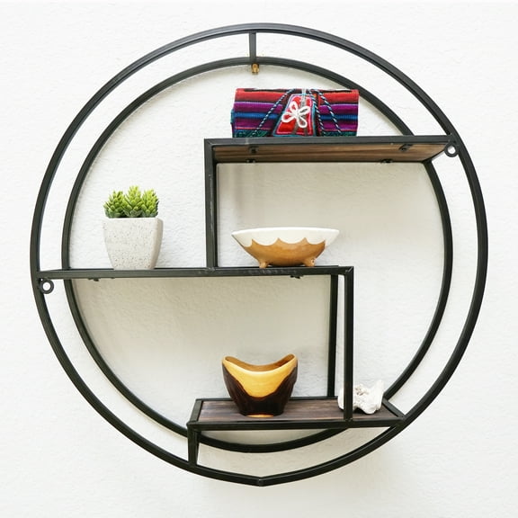 Admired By Nature 23 Inches Round wall-mounted Iron hanging storage floating shelves, Black