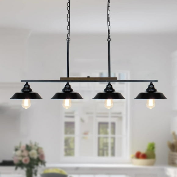 PUZHI HOME Kitchen Island Light, 4 Lights Black Pendant Dining Room Light Fixture Farmhouse Chandeliers for Dining Room Over Table Metal Hanging Lamp