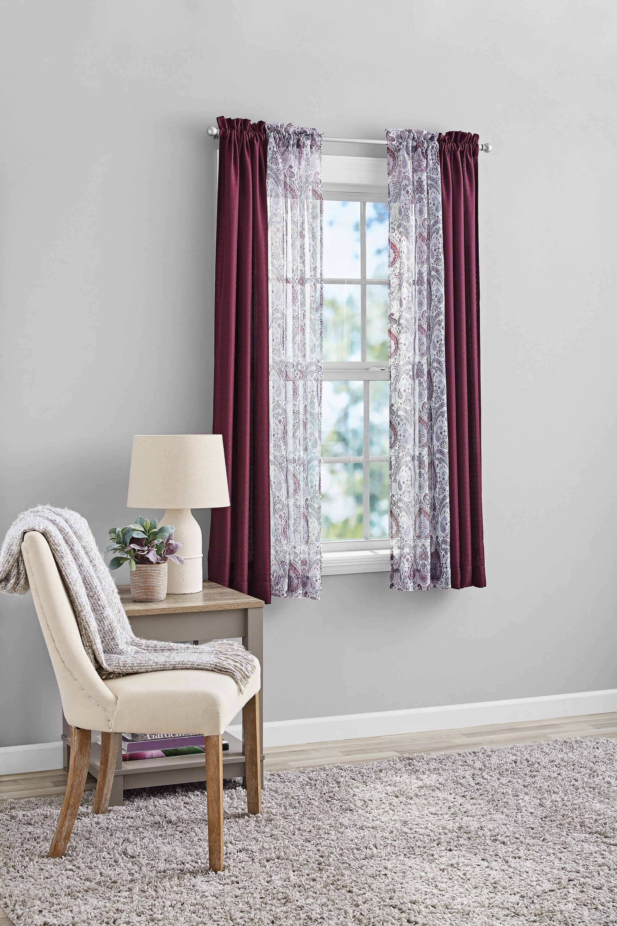 Mainstays Curtain and Sheers Set, 4 Panels, Burgundy, 27.5" W x 63” L