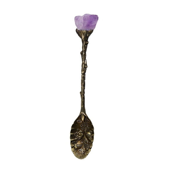 Piwvid Natural Amethyst Flower Copper Spoon, Hand Polished Raw Stone Crystal Lucky Coffee Ice Cream Spoons Decorations Gifts for Home Office Kitchen