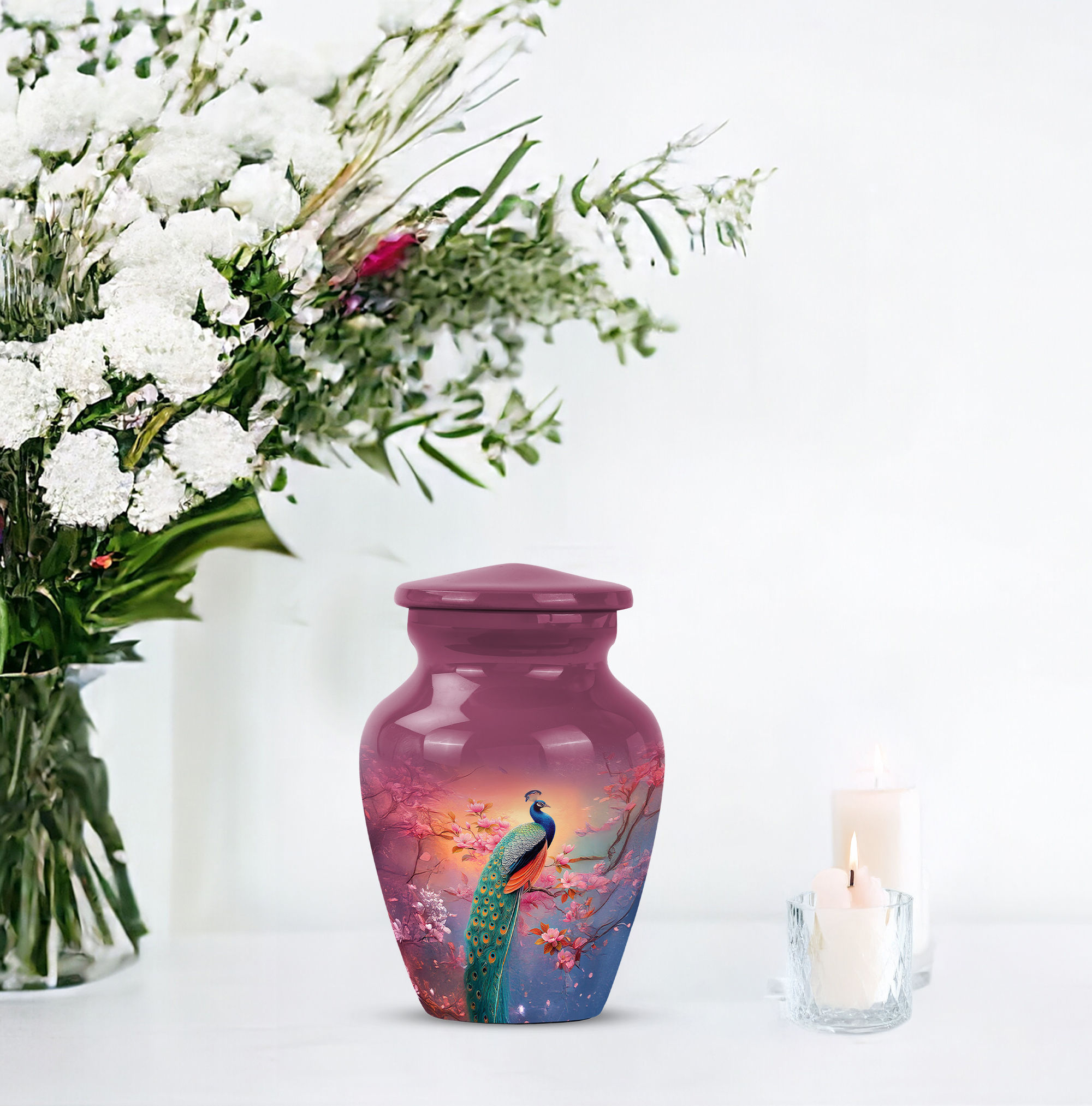 MUKTIVE Peacock Cremation Urn for Human Ashes Adult Mom & Dad, Funeral Keepsake Decorative Pink Flowers Urns for Ashes Male & Female Burial, Pink for Memorial Cremated Urns (3 Inch)