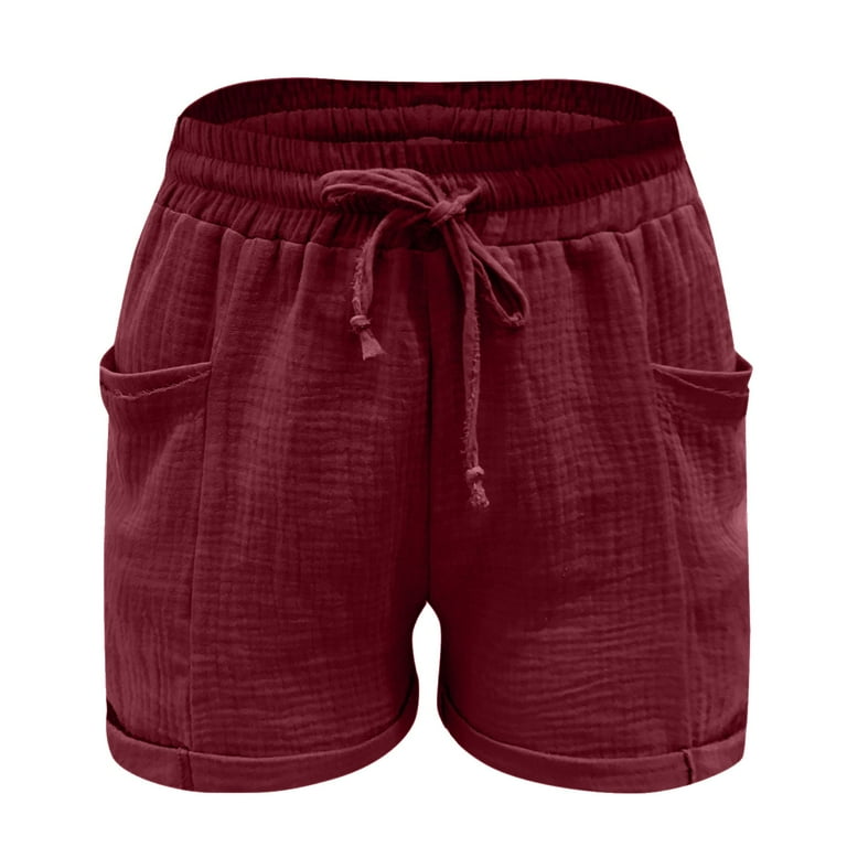 Red Linen Shorts Women's Fashion Casual High Waist Pants Straight