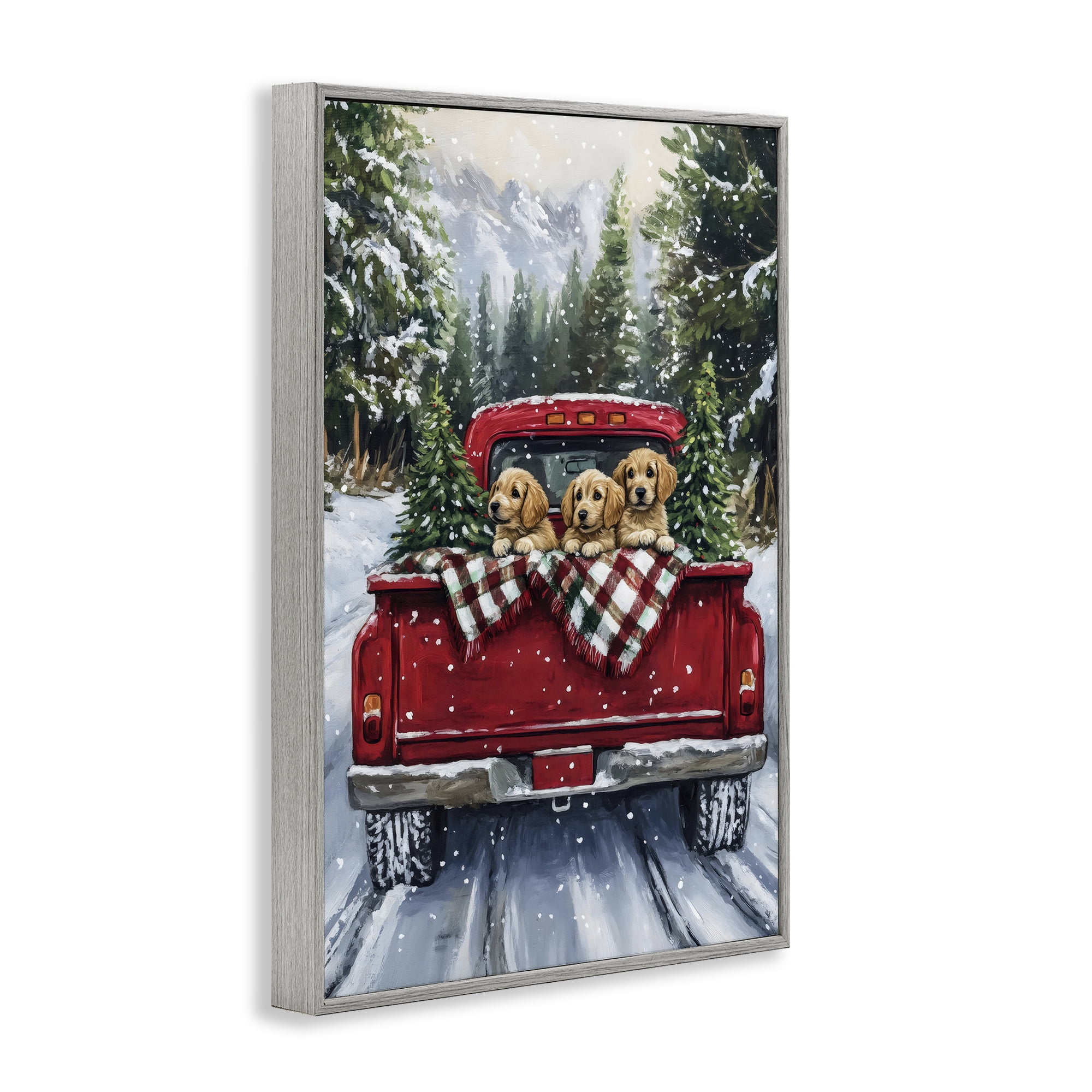 Golden Pups Christmas Truck Gray Framed Giclee Art, design by Petal Prints Design