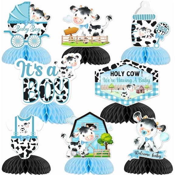 8 Pieces Cowboy Baby Shower Honeycomb Centerpieces Blue Black - Holy Cow We're Having A Baby Shower Decorations Boys, Cow Theme Its a Boy Table Toppers for Pregnancy Newborn Party