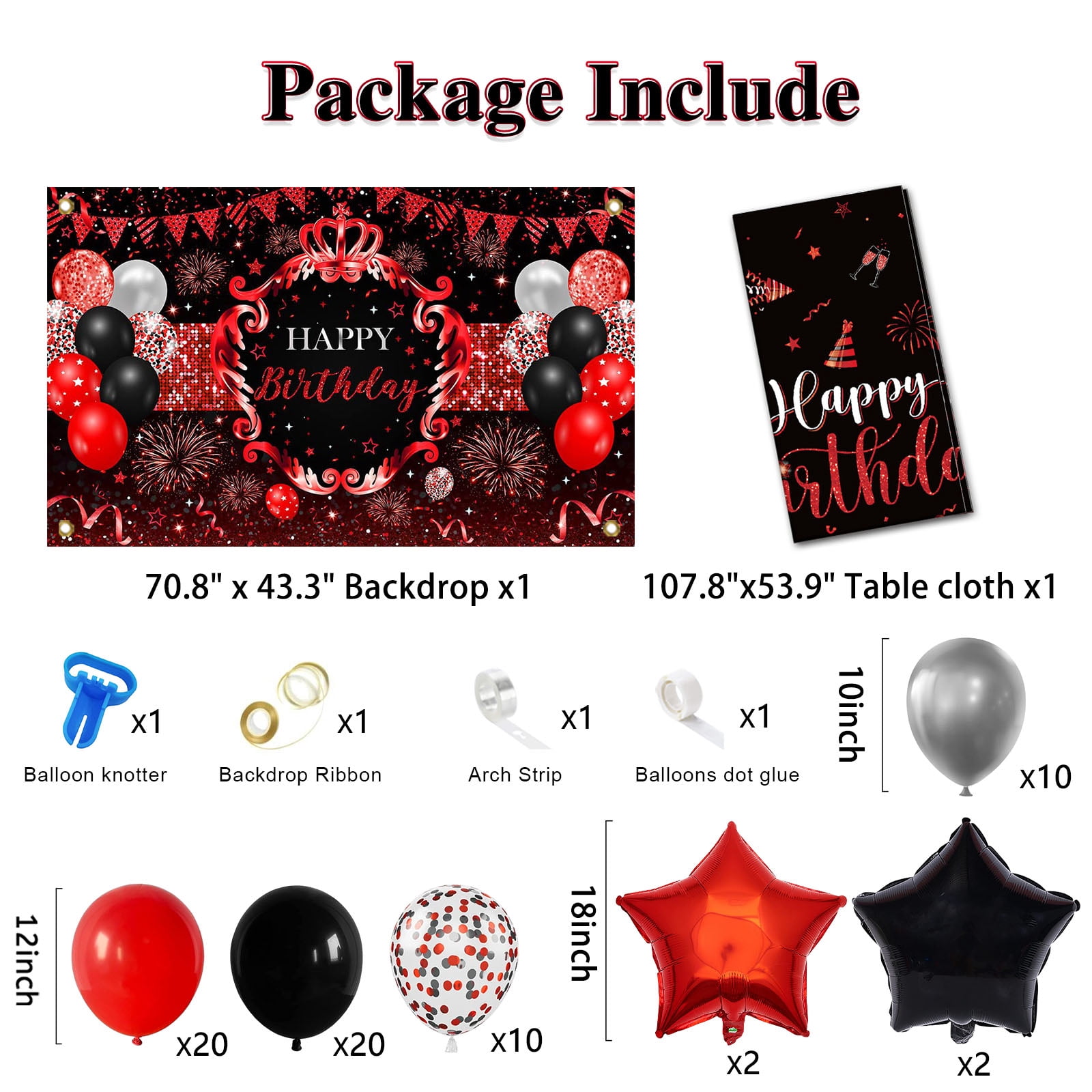 Mocsicka Red and Black Birthday Decorations Happy Birthday Backdrop 66 Pcs Balloons Set Red and Black Party Supplies for Men Women