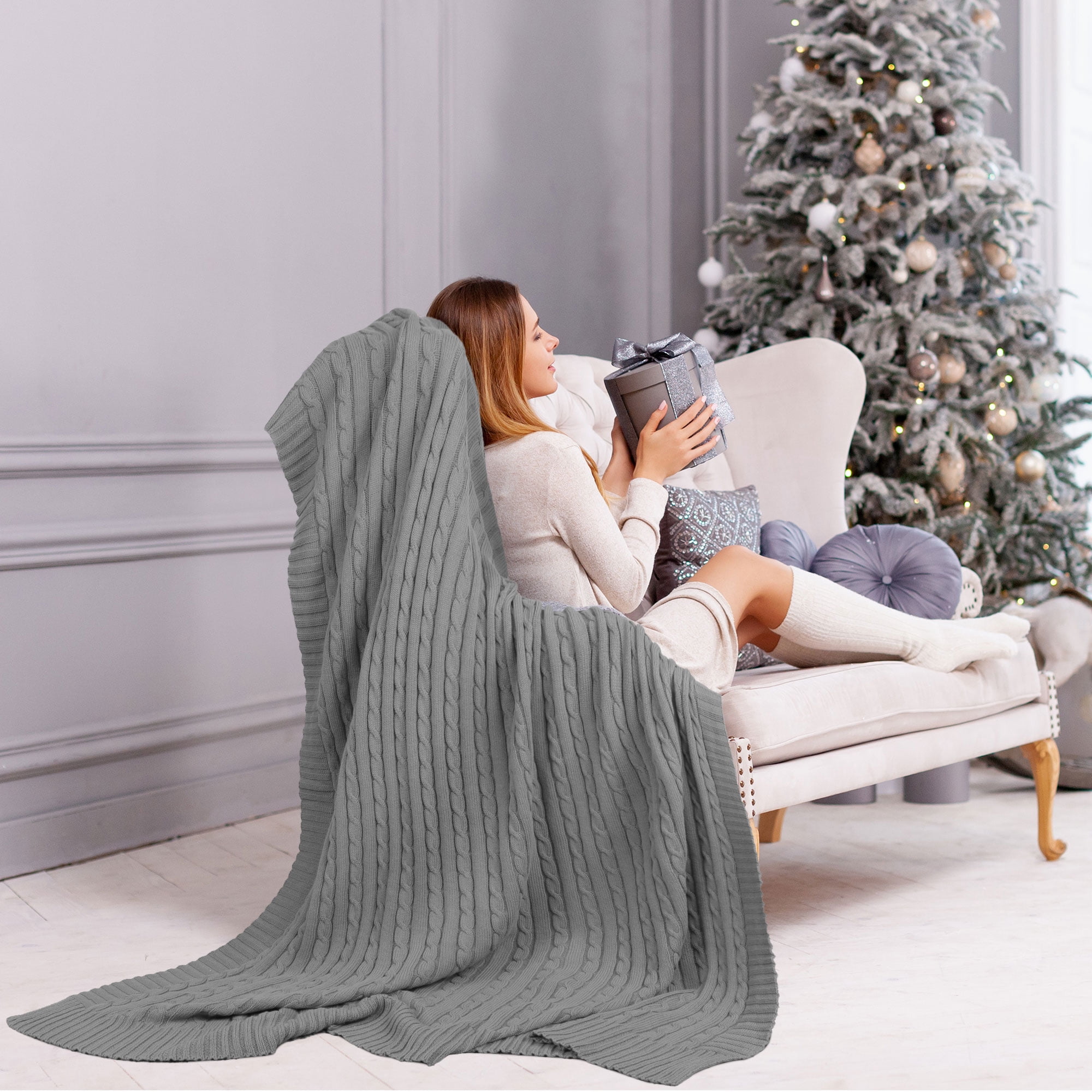 Unique Bargains Cable Knitted Bed Sofa Throw Blanket Grey 47" x 71"