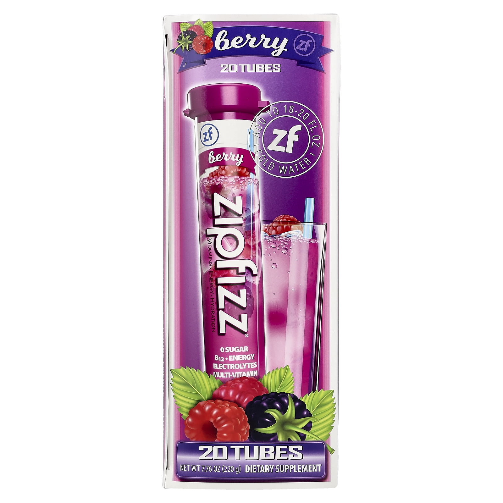 Zipfizz Sugar-Free Energy Drink Mix, Berry Flavor, 20 Tubes