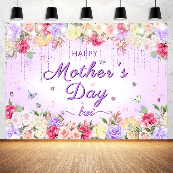 7 x 5 ft Happy Mother's Day Backdrop Pink and Purple Floral Best Mom Photography Background Mother Gift Thanks Mother's Day Party Decorations Banner Photo Studio Props
