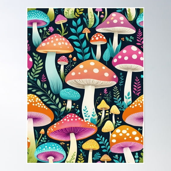 Colorful Hippie Mushrooms Floral In Pinks And Blues Poster Wall Art, Modern Wall Decor, 8x12 UNFRAMED