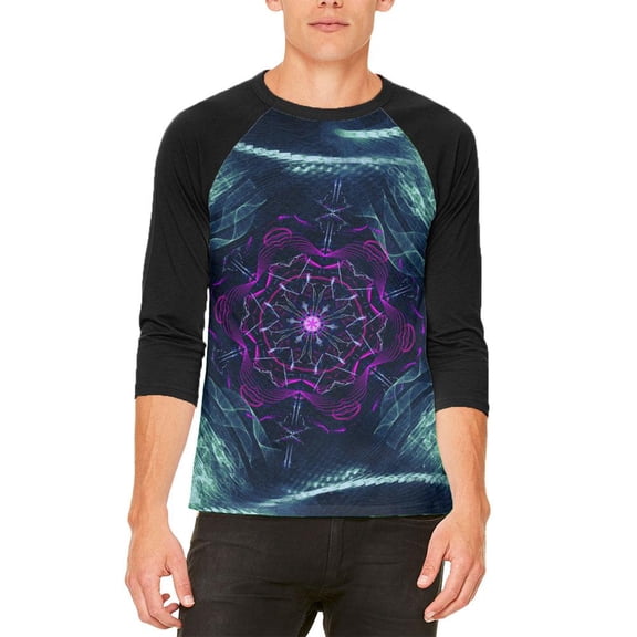Fractal Steam Punk Gear Mandala Mens Raglan T Shirt Heather Black-Black 2XL