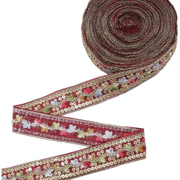 10 Yard Dark Red Ethnic Vintage Embroidered Ribbon Jacquard Burgundy Metallic Sequin Gold Trimming Tape Floral Beaded Woven Boho Trim Applique Ribbons for Sewing Making DIY Crafts Clothes Home Decor