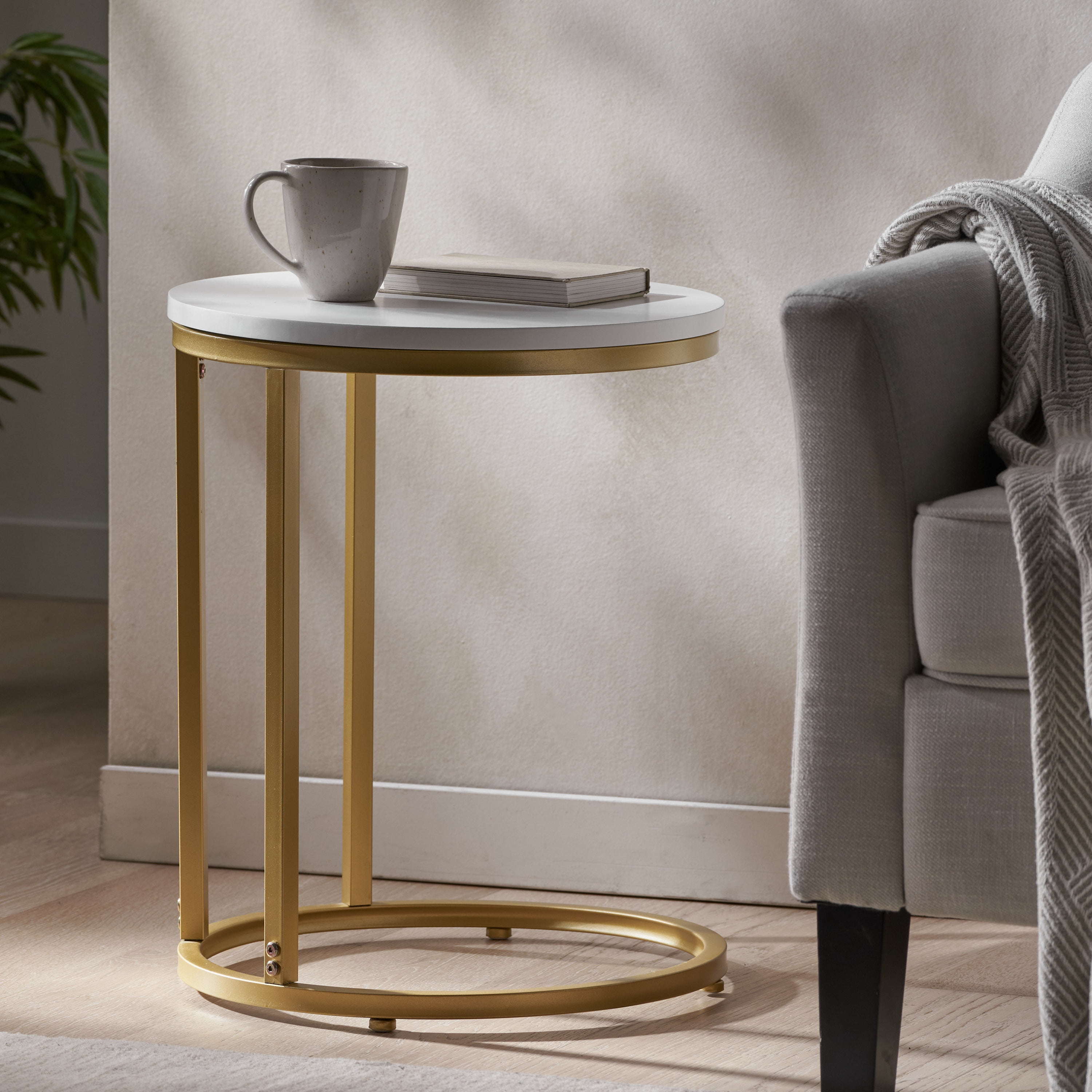 Euroco Round End Table,Modern Side Table Nightstand with Metal Frame and C-Shape Design for Small Space,Living Room, Bedroom