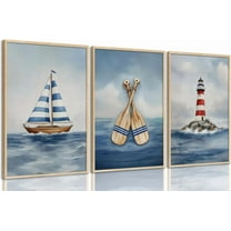 3pc Nautical Sailboat Kids WallOcean-Themed Lighthouse Canvas Prints Blue Sea Painting Poster Blue Sailboat And Oars Seaside Posters Wallfor Children's Room And Nursery Wall Decor