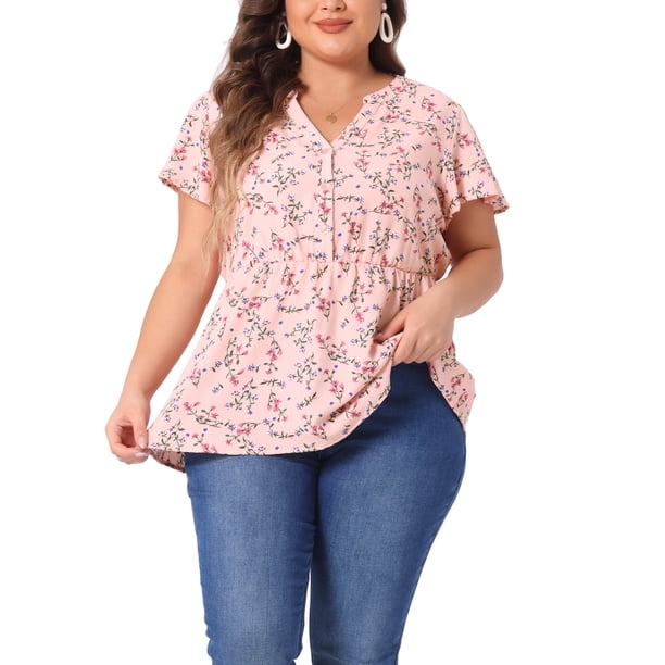 Blusa de verano de chiffon con cuello en V y cintura fruncida para mujeres de tallas grandes Agnes Orinda, de manga corta, estampado floral pequeño, 4X, color rosa