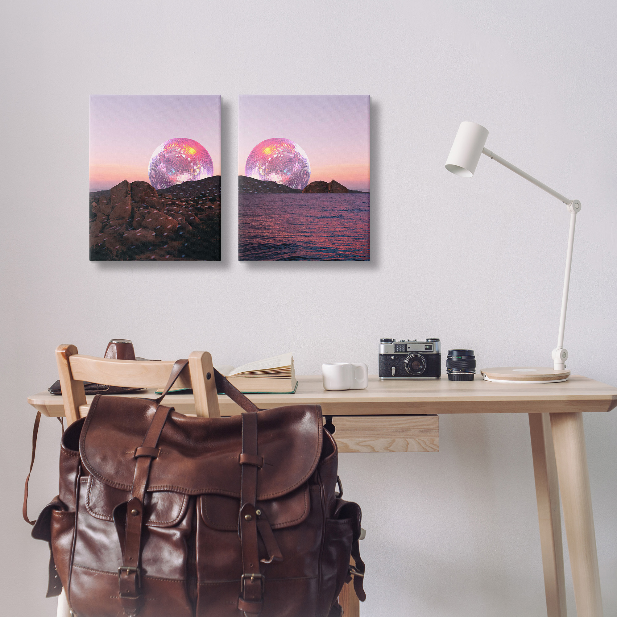 Stupell Industries Surreal Disco Ball Landscape Landscape Painting Gallery Wrapped Canvas Art Print Wall Art, 16 x 20, Set of 2