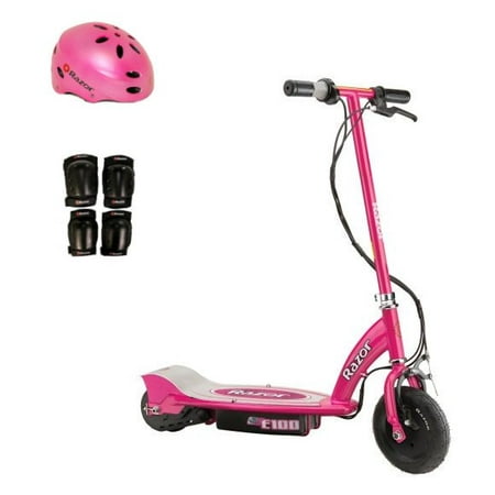 Razor E100 24V Electric Girls Scooter (Pink) with Helmet, Elbow & Knee (Best Knee Pads For Pedaling)