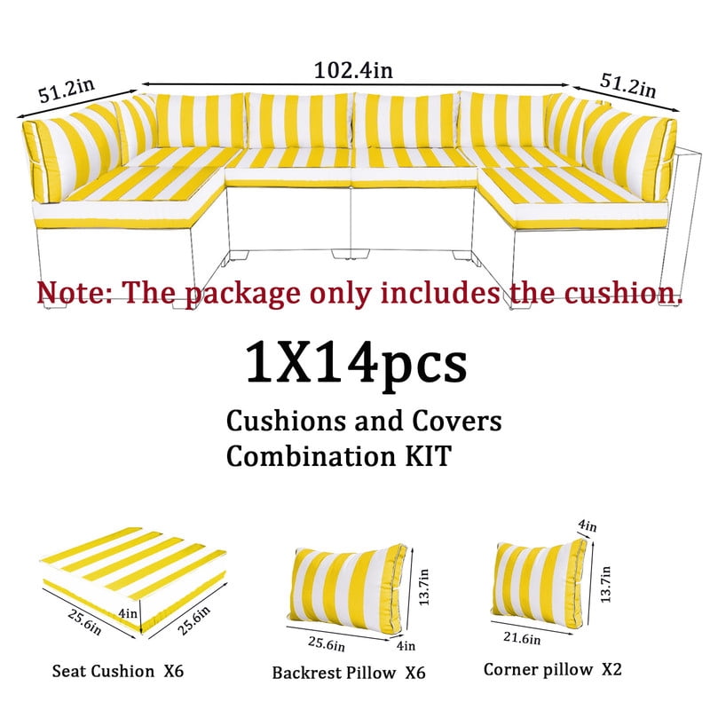 14 Pieces Outdoor sectional cushions replacement set, 4in thick patio furniture cushions, Waterproof Outdoor Couch Cushion,deep seat patio cushions For 6 Seat（Bright yellow white）