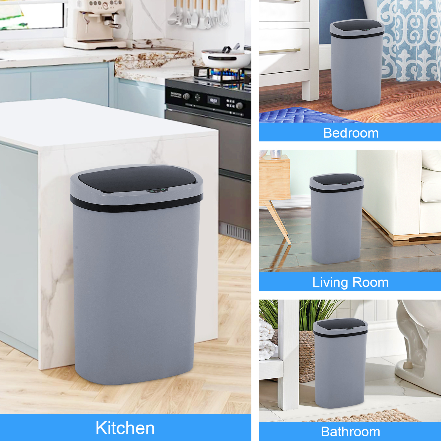 Automatic Trash Can for Kitchen, 13 Gallon Trash Can with Lid Plastic Garbage Can Waste Bin with Motion Sensor for Bedroom, Bathroom, Office, Living Room (Gray)