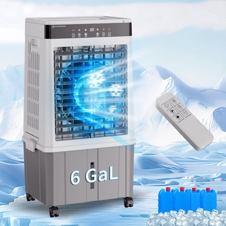 Akires Evaporative Air Cooler 6 Gal, Swamp Cooler, Portable Air Cooling Unit with Remote, 12H Timer, 3 Speeds