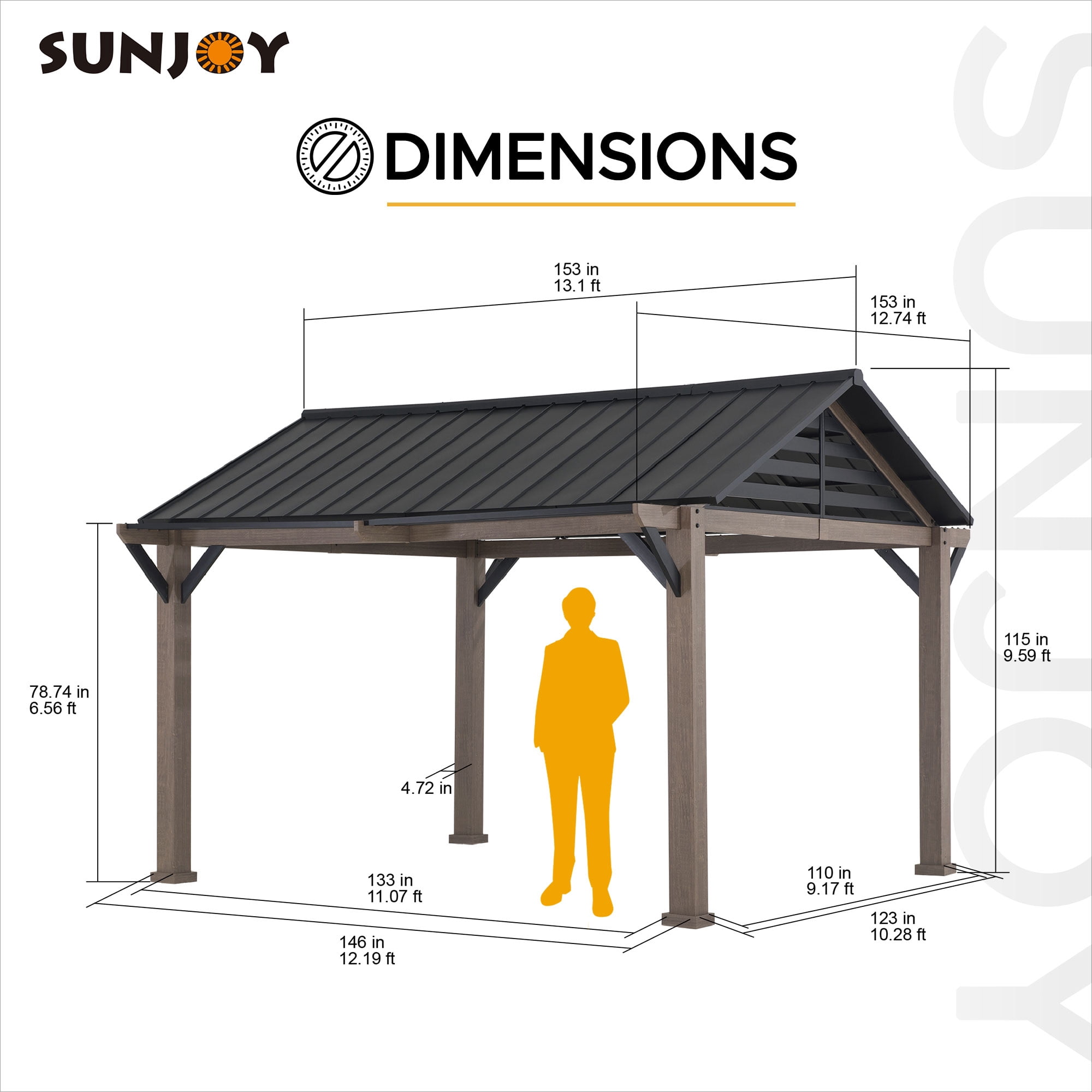 Sunjoy Hardtop Gazebo 13 x 13 ft. Outdoor Galvanized Steel Gazebo with Metal Gable Roof and Ceiling Hook, Suit for Patio and Backyard, Black