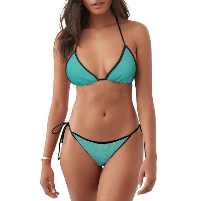 Bingfone Turquoise Glitter Print Women's Bikini Set, Bikini Two-piece Set - High Elastic Strap Style, Beach Pool Swimsuit - Removable Chest Pad