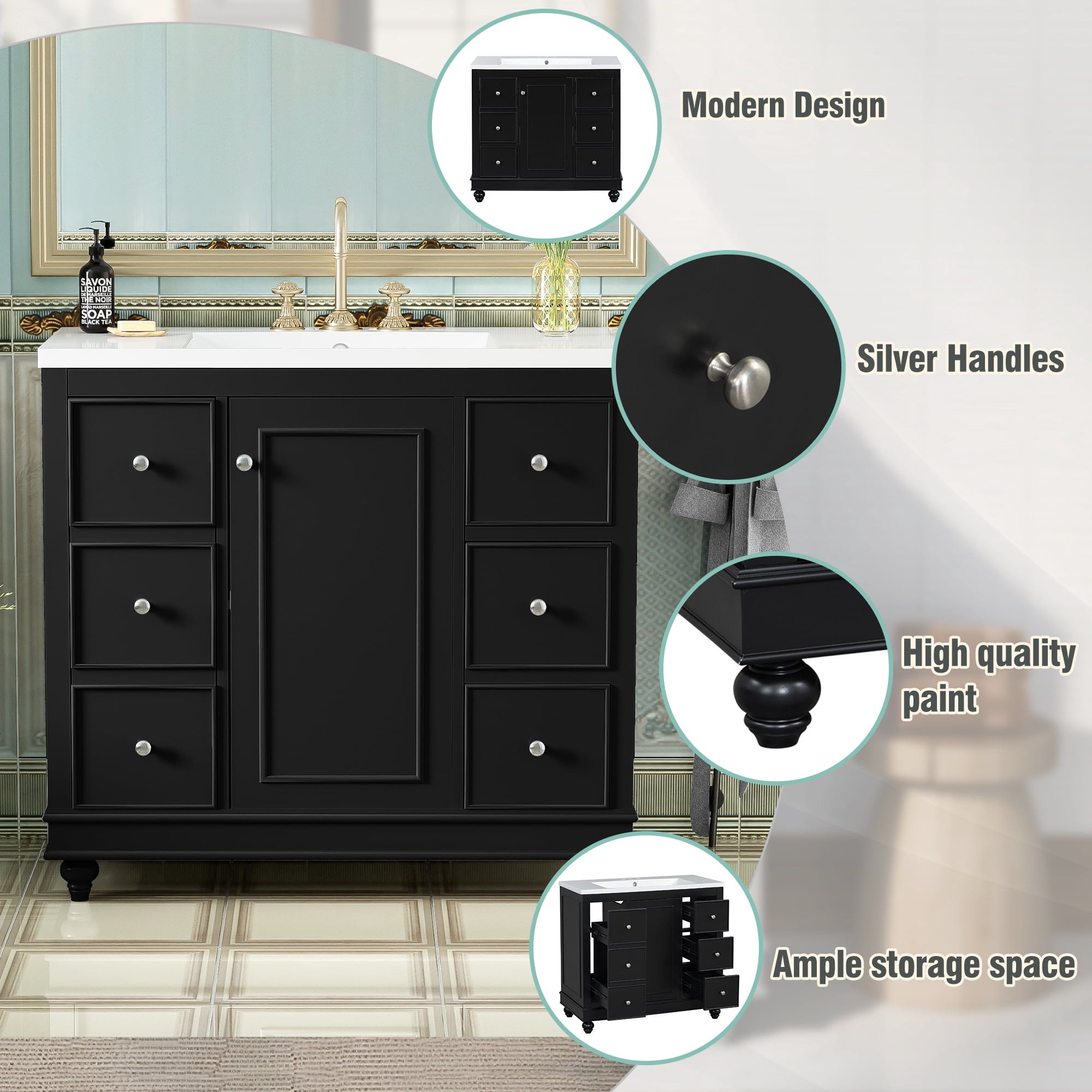 Euroco Contemporary Black Bathroom Vanity Cabinet - 36x18x34 inches, 4 Drawers & 1 Cabinet Door, Multipurpose Storage, Resin Integrated Sink, Adjustable Shelves