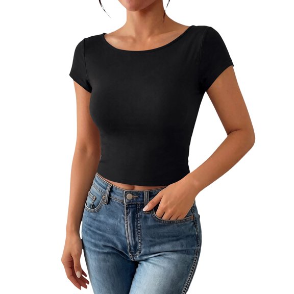 Women Backless Going Out Tops Short Sleeve Slim Fit Summer Open Back Tops Casual Lightweight Daily Wear Outfit by Yigetop Black L