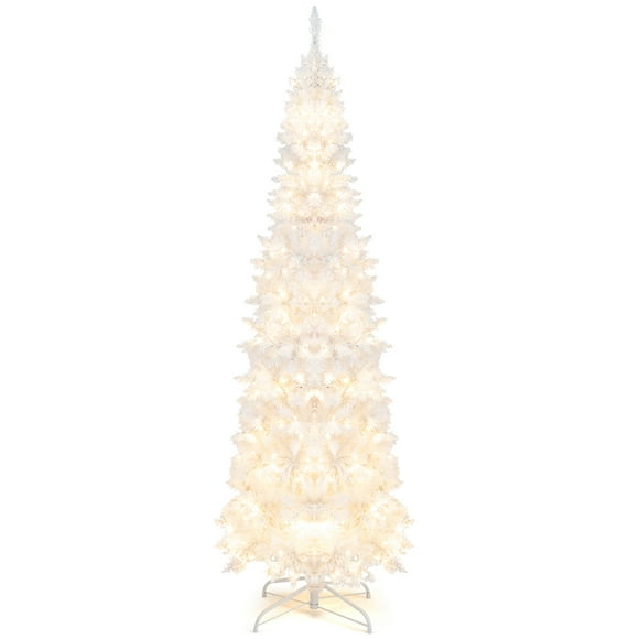 Costway 7FT Pre-Lit Hinged Pencil Christmas Tree White w/ 300 LED Lights & 8 Flash Modes