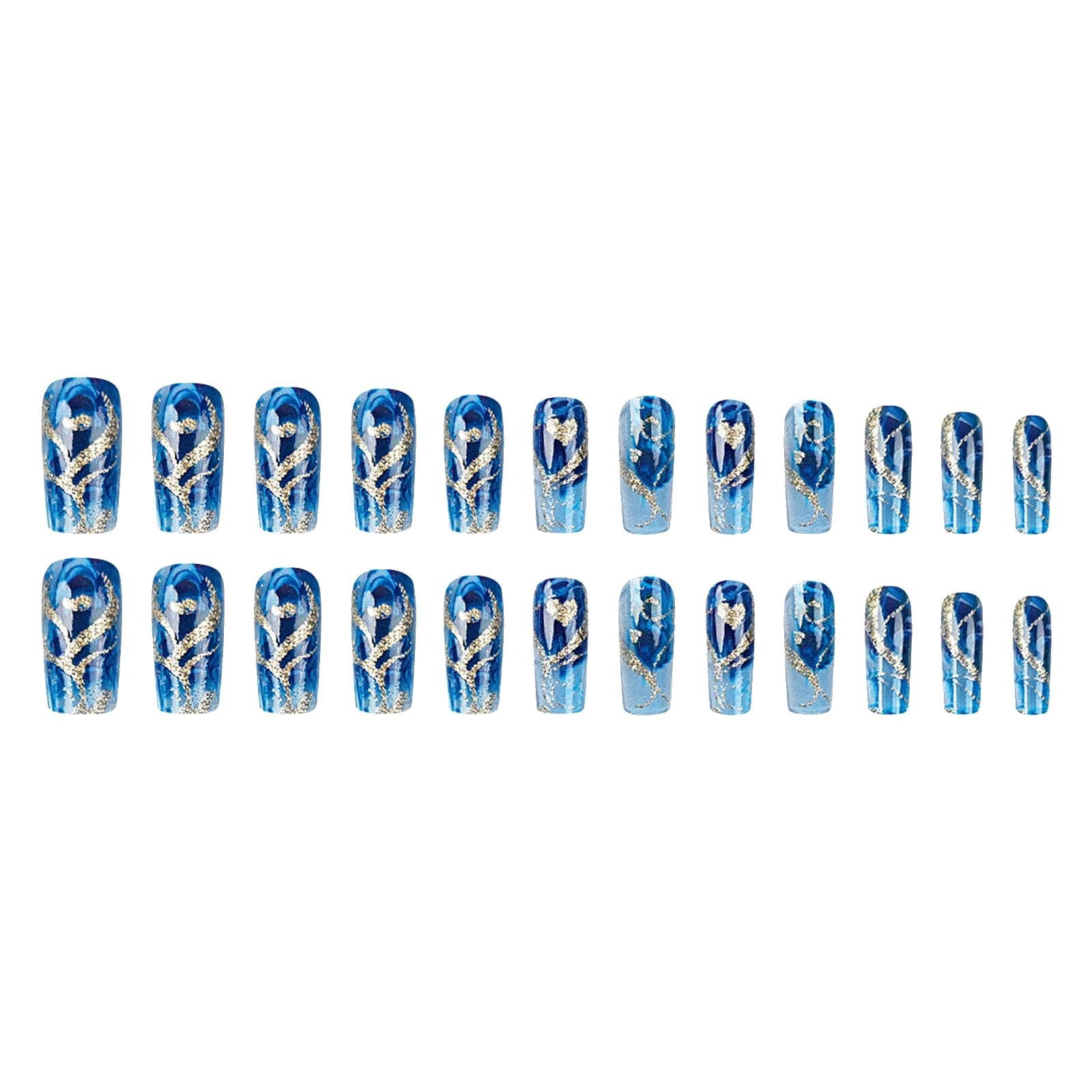 Qocolcyl 24Pcs Gold Curve Line Press on Nails Sea Acrylic Fake Nail Glossy Blue Gradient Medium Square False Nails Love Heart Stick on Fingernails Seaweed Gel Glue on Nail for Coquette Women Girls