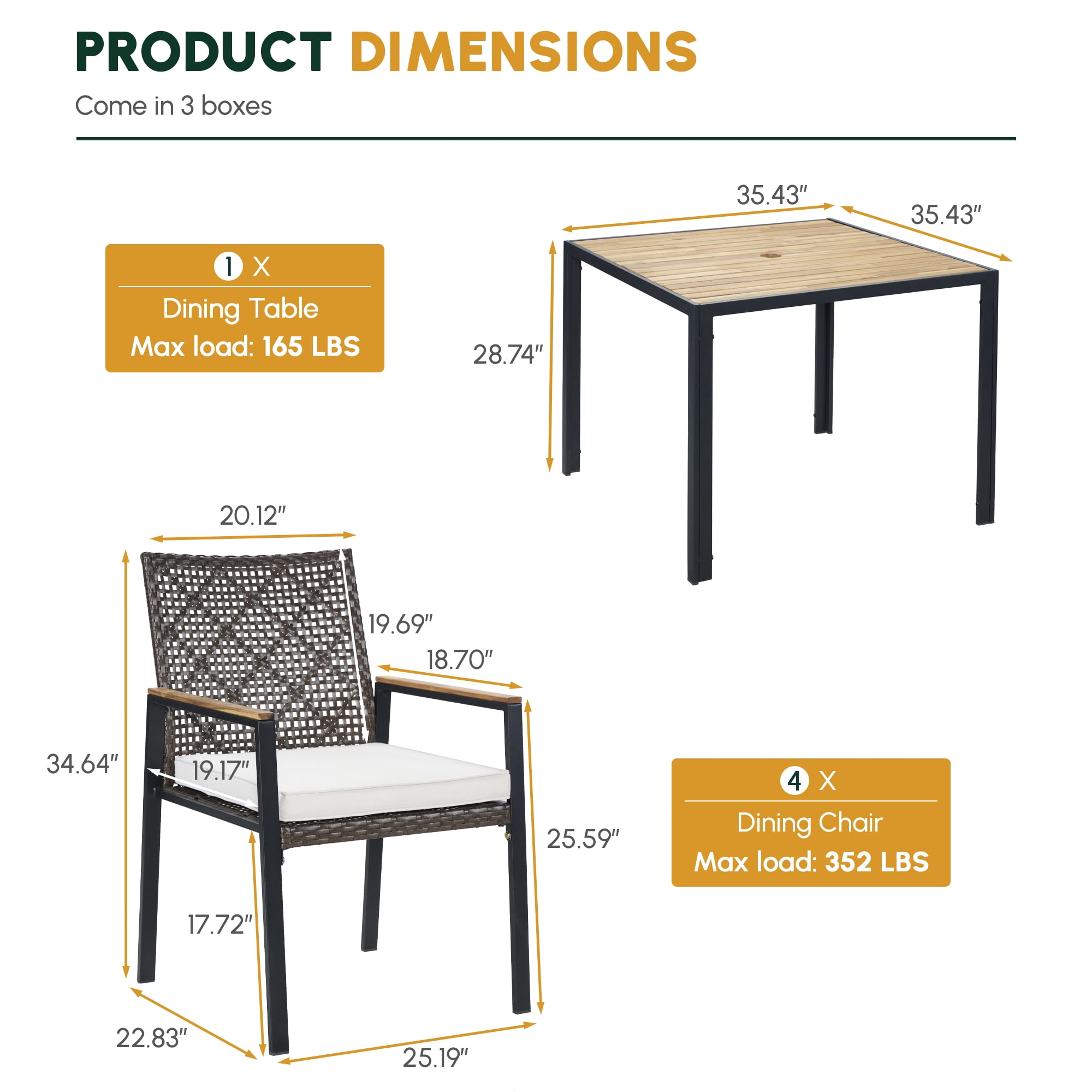 Leumius 5 Piece Patio Dining Set,All Weather Outdoor Dining Table Set with 4 Cushion Chairs,Patio Conversation Set with Acacia Wood Table Top and Umbrella Hole,Dark Brown