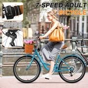 Lilypelle 24/26inch Beach Cruiser Bicycle for Women, 7 Speed Step Through Adult Commute Bike with Basket & Rack,Blue