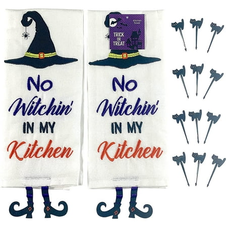 

Halloween Kitchen Hand Towel Set: Fun Party No Witchin in My Kitchen Humor with Witch Feet Dangle (Multi)