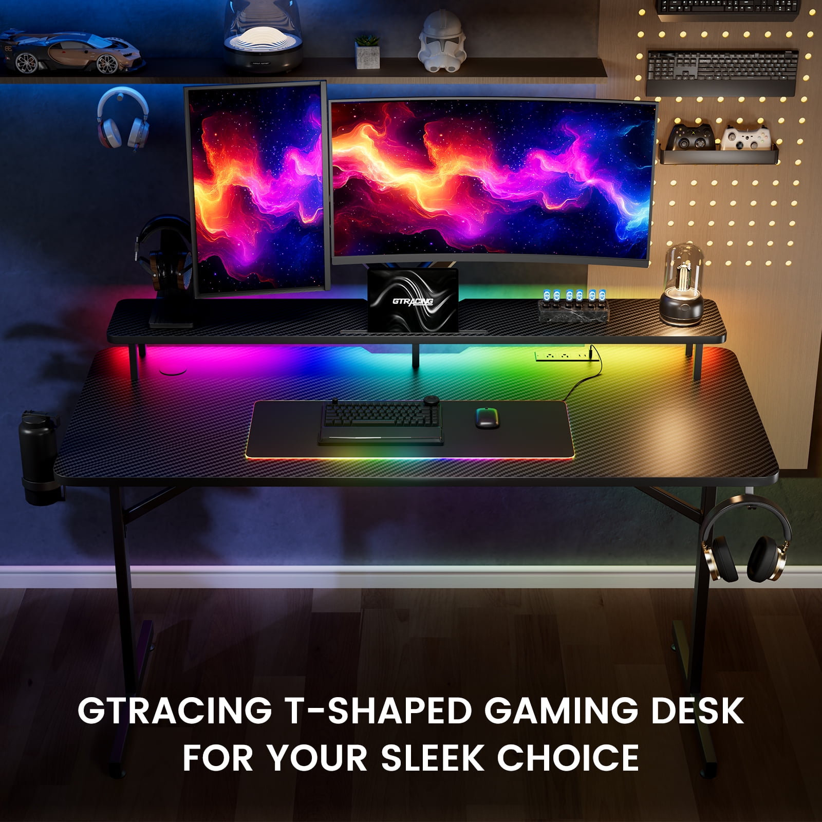 GTRACING Lumina Elite LED Gaming Desk with USB and Power Outlets, for Home and Office, Monitor Stand and Wireless Charging, Black